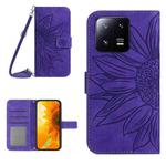 For Xiaomi 13 HT04 Skin Feel Sun Flower Embossed Flip Leather Phone Case with Lanyard(Dark Purple)