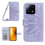 For Xiaomi 13 Pro HT04 Skin Feel Sun Flower Embossed Flip Leather Phone Case with Lanyard(Purple)