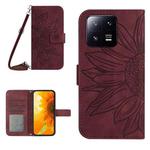 For Xiaomi 13 Pro HT04 Skin Feel Sun Flower Embossed Flip Leather Phone Case with Lanyard(Wine Red)