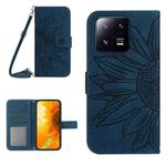 For Xiaomi 13 Pro HT04 Skin Feel Sun Flower Embossed Flip Leather Phone Case with Lanyard(Inky Blue)