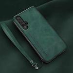 For Honor 20 Lamba Skin Feel Leather Back Phone Case with Strap(Deep Green)