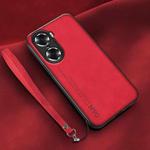 For Honor 60 Pro Lamba Skin Feel Leather Back Phone Case with Strap(Red)