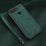 For Honor View 20 Lamba Skin Feel Leather Back Phone Case with Strap(Deep Green)