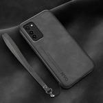 For Honor V30 Lamba Skin Feel Leather Back Phone Case with Strap(Dark Grey)