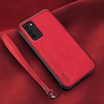 For Honor V30 Lamba Skin Feel Leather Back Phone Case with Strap(Red)