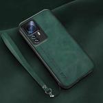 For Xiaomi 12T Pro Lamba Skin Feel Leather Back Phone Case with Strap(Deep Green)