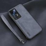 For Xiaomi 12T Pro Lamba Skin Feel Leather Back Phone Case with Strap(Blue)