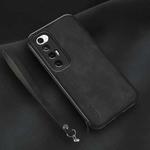 For Xiaomi Mi 10S Lamba Skin Feel Leather Back Phone Case with Strap(Black)