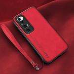 For Xiaomi Mi 10S Lamba Skin Feel Leather Back Phone Case with Strap(Red)