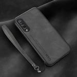 For Xiaomi Mi 9 Lamba Skin Feel Leather Back Phone Case with Strap(Dark Grey)