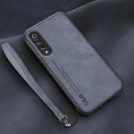 For Xiaomi Mi 9 SE Lamba Skin Feel Leather Back Phone Case with Strap(Blue)