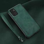 For Xiaomi Redmi Note 10 5G Lamba Skin Feel Leather Back Phone Case with Strap(Deep Green)