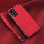 For Xiaomi Redmi Note 9 4G Lamba Skin Feel Leather Back Phone Case with Strap(Red)
