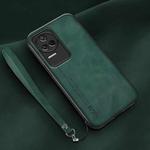 For Xiaomi Redmi K50 Lamba Skin Feel Leather Back Phone Case with Strap(Deep Green)