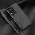 For Xiaomi Redmi K40S Lamba Skin Feel Leather Back Phone Case with Strap(Dark Grey)