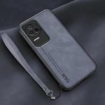 For Xiaomi Redmi K40S Lamba Skin Feel Leather Back Phone Case with Strap(Blue)