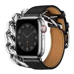 Double Loop Genuine Leather Stainless Steel Watch Band For Apple Watch Ultra 49mm / Series 8&7 45mm / SE 2&6&SE&5&4 44mm / 3&2&1 42mm(Black)