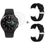 For Samsung Galaxy Watch4 Classic 46mm 2pcs Silicone Watch Band with 2pcs Tempered Glass Film(Black)