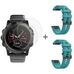 For Garmin Fenix 5X 26mm 2pcs Quick Removable Silicone Watch Band with 2pcs Tempered Glass Film(Blue Green)