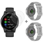 For Garmin Vivoactive 4S 2pcs Small Plaid Silicone Watch Band with 2pcs Tempered Glass Film(Grey)