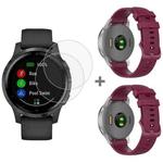 For Garmin Vivoactive 4S 2pcs Small Plaid Silicone Watch Band with 2pcs Tempered Glass Film(Wine Red)
