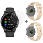 For Garmin Vivoactive 4S 2pcs Small Plaid Silicone Watch Band with 2pcs Tempered Glass Film(Beige)