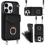 For iPhone 14 Ring Holder RFID Card Slot Phone Case with Long Lanyard(Black)
