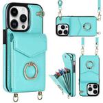 For iPhone 14 Ring Holder RFID Card Slot Phone Case with Long Lanyard(Mint Green)