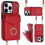 For iPhone 14 Plus Ring Holder RFID Card Slot Phone Case with Long Lanyard(Red)