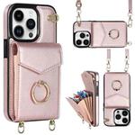 For iPhone 14 Pro Ring Holder RFID Card Slot Phone Case with Long Lanyard(Rose Gold)