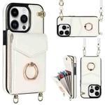 For iPhone 14 Pro Max Ring Holder RFID Card Slot Phone Case with Long Lanyard(Beige)