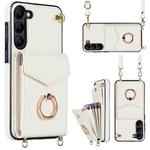 For Samsung Galaxy S22 5G Ring Holder RFID Card Slot Phone Case with Long Lanyard(Beige)