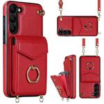 For Samsung Galaxy S22 5G Ring Holder RFID Card Slot Phone Case with Long Lanyard(Red)