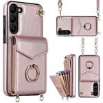 For Samsung Galaxy S22 5G Ring Holder RFID Card Slot Phone Case with Long Lanyard(Rose Gold)