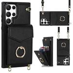 For Samsung Galaxy S22 Ultra 5G Ring Holder RFID Card Slot Phone Case with Long Lanyard(Black)