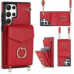For Samsung Galaxy S22 Ultra 5G Ring Holder RFID Card Slot Phone Case with Long Lanyard(Red)