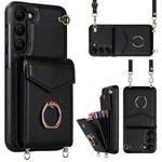 For Samsung Galaxy S23 5G Ring Holder RFID Card Slot Phone Case with Long Lanyard(Black)
