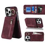 For iPhone 14 Retro Ring and Zipper RFID Card Slot Phone Case(Wine Red)