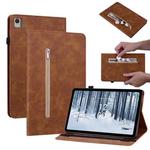 For Nokia T21 Skin Feel Solid Color Zipper Leather Tablet Case(Brown)