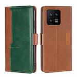 For Xiaomi 13 Contrast Color Side Buckle Leather Phone Case(Light Brown + Green)