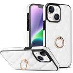 For iPhone 14 Rhombic PU Leather Phone Case with Ring Holder(White)