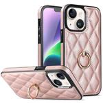 For iPhone 14 Rhombic PU Leather Phone Case with Ring Holder(Rose Gold)