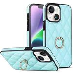 For iPhone 14 Plus Rhombic PU Leather Phone Case with Ring Holder(Blue)
