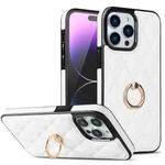 For iPhone 14 Pro Rhombic PU Leather Phone Case with Ring Holder(White)