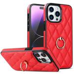 For iPhone 14 Pro Rhombic PU Leather Phone Case with Ring Holder(Red)
