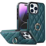 For iPhone 14 Pro Rhombic PU Leather Phone Case with Ring Holder(Green)