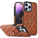 For iPhone 14 Pro Rhombic PU Leather Phone Case with Ring Holder(Brown)