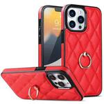 For iPhone 13 Pro Rhombic PU Leather Phone Case with Ring Holder(Red)
