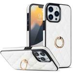 For iPhone 13 Pro Max Rhombic PU Leather Phone Case with Ring Holder(White)