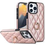 For iPhone 12 Pro Max Rhombic PU Leather Phone Case with Ring Holder(Rose Gold)